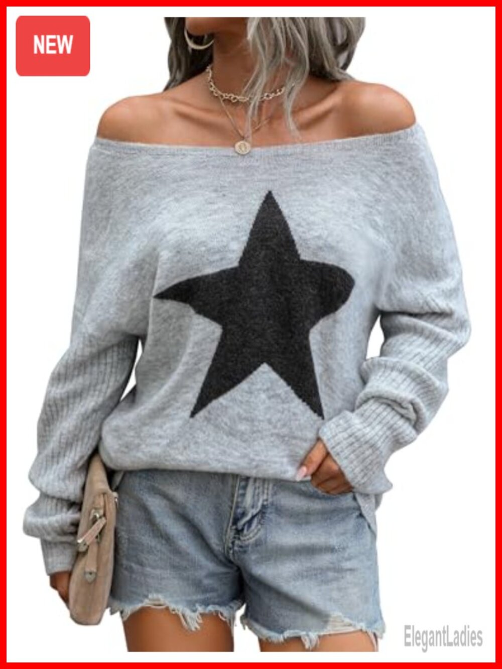 Off Shoulder Star Graphic Knit Pullover Sweater Long Sleeve Tunic Top